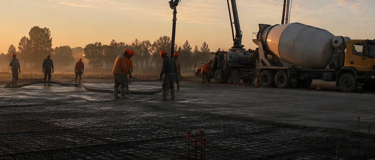 Camión mixer llegando a una obra al amanecer