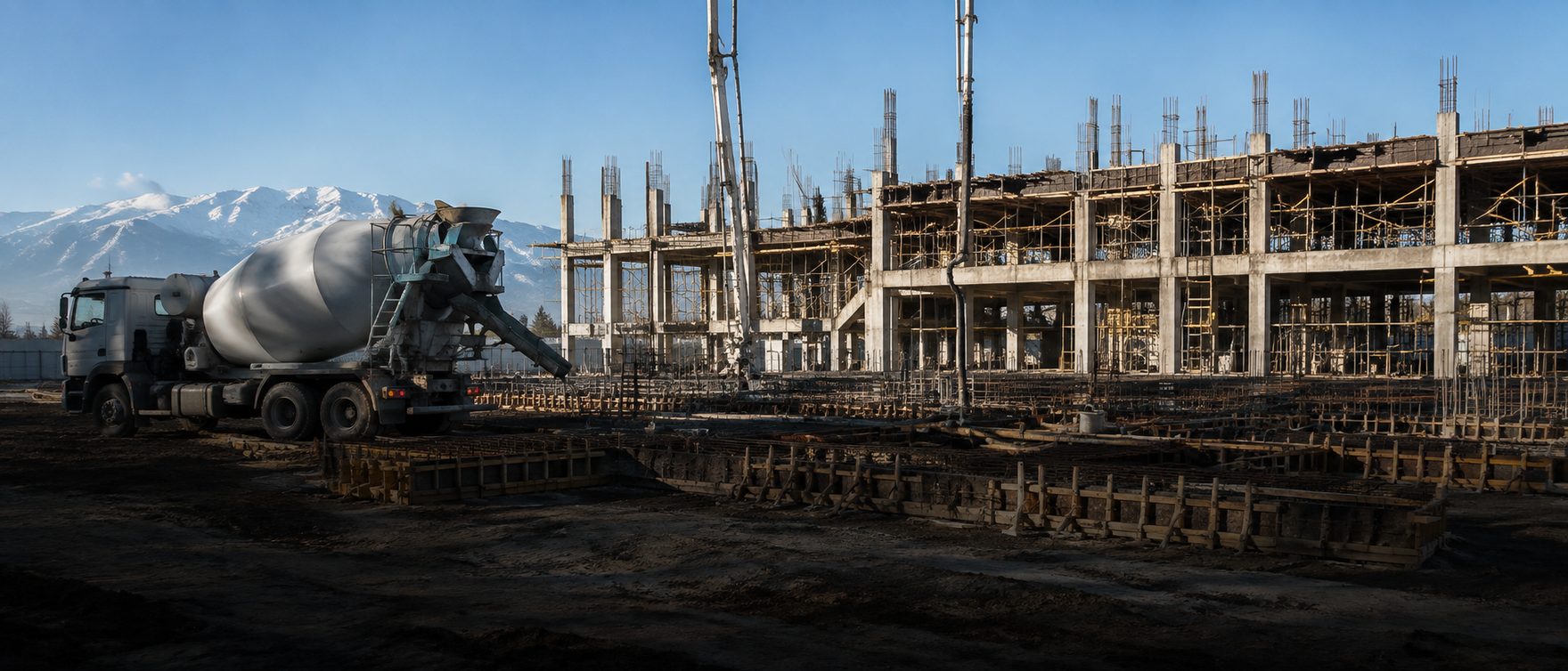 Obra de hormigón en ejecución con camión mixer y cordillera al fondo