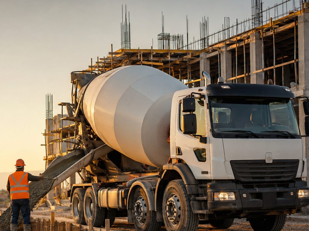 Planta productora de hormigón con silos y camiones mixer