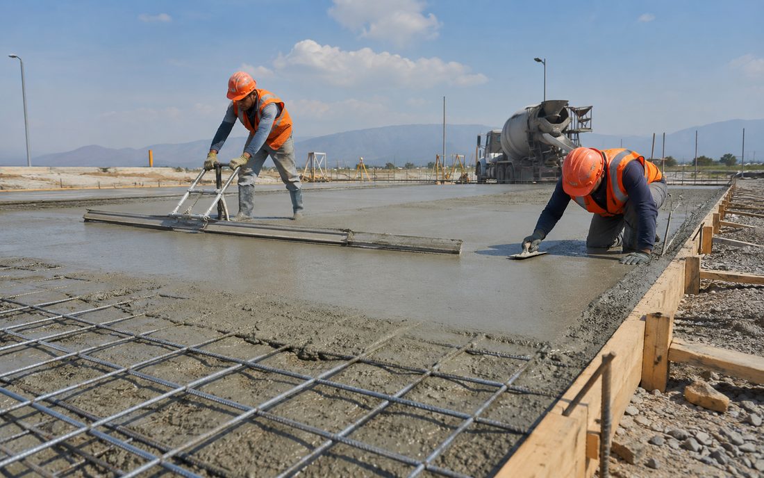 Cuadrilla instalando y nivelando hormigón en obra